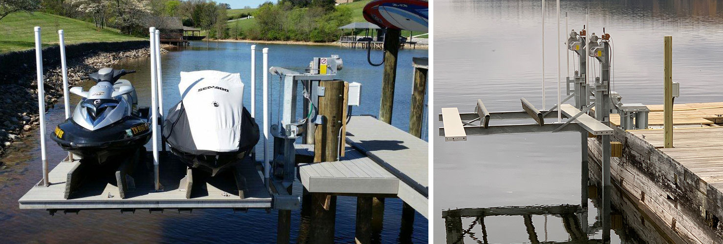 a jet ski on a dock lifted on a davit master pwc/skiff lift